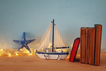 Nautical concept with sea life style objects on wooden tableの写真素材