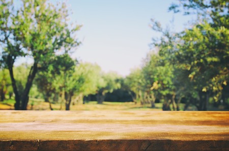 Empty rustic table in front of dreamy bokeh countryside background. product display and picnic conceptの写真素材