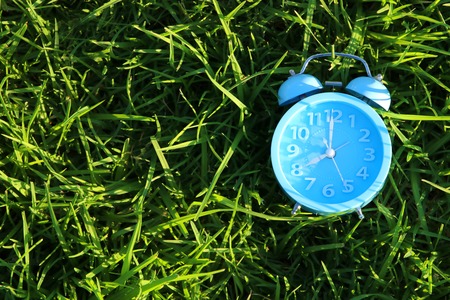 Top view of retro alarm clock over green grass outdoors in the park.の写真素材