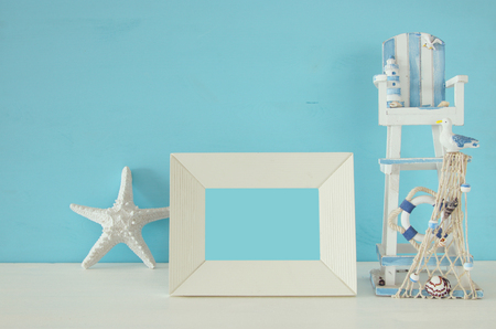 Nautical concept with sea life style objects on wooden table. For photography montageの写真素材