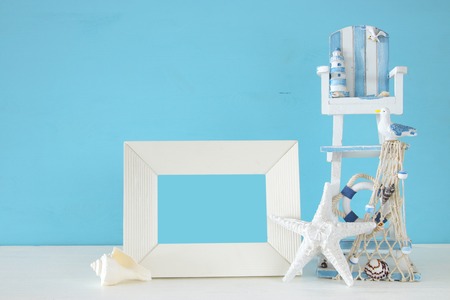 Nautical concept with sea life style objects on wooden table. For photography montageの写真素材