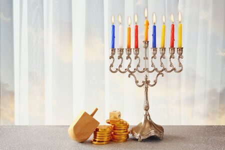 Image of jewish holiday Hanukkah with menorah (traditional Candelabra)の写真素材