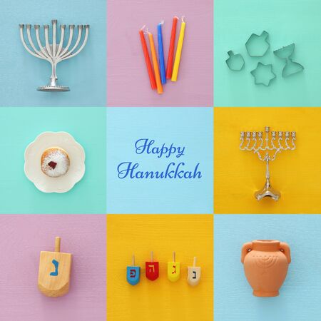 jewish holiday Hanukkah collage background with traditional spinnig top, menorah (traditional candelabra), doughnut and candles.の写真素材