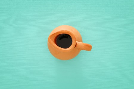 jewish holiday Hanukkah image background with traditional oil ceramic jug.の写真素材
