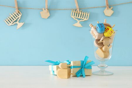 image of jewish holiday Hanukkah background with traditional spinnig tops.の写真素材