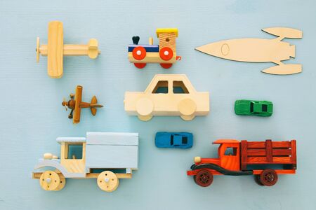 Set of various cars and airplanes toys. Top view imageの写真素材