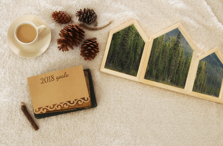 Houses shape wooden photo frames over cozy and warm fur carpet. Top view 2018 goals list