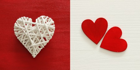Valentines day background collage. White and red hearts. Top viewの写真素材
