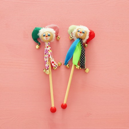 Purim celebration concept (jewish carnival holiday). Top view of clown noise maker toyの写真素材