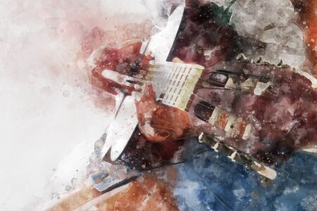 watercolor style abstract image of young girl playing acoustic guitarの写真素材