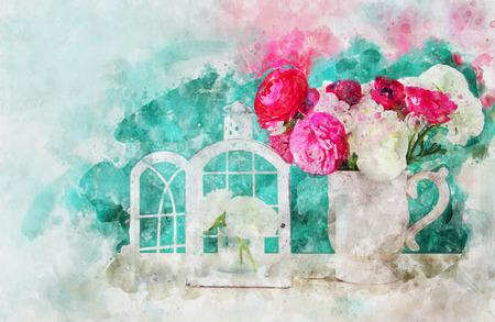 watercolor style and abstract image of spring flowers.の写真素材