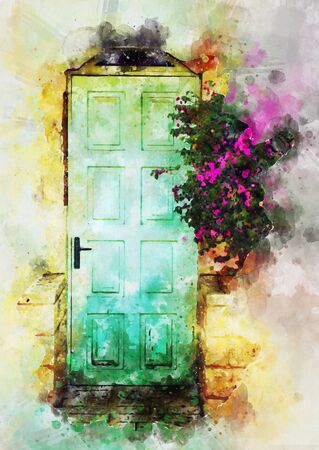 watercolor style and abstract image of old blue rustic wooden door and flowersの写真素材