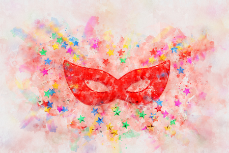 watercolor style and abstract image of masquerade venetian mask background. Flat lay. Purim celebration concept (jewish carnival holiday)の写真素材