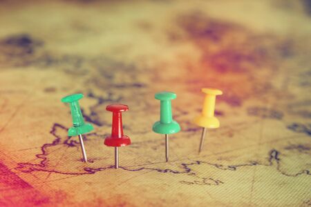 Image of pins attached to map, showing location or travel destination. selective focusの写真素材