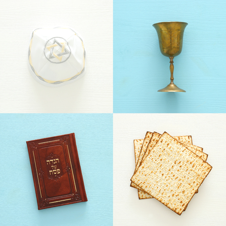 Pesah celebration concept (jewish Passover holiday). Traditional book with text in hebrew: Passover Haggadah (Passover Tale)の写真素材