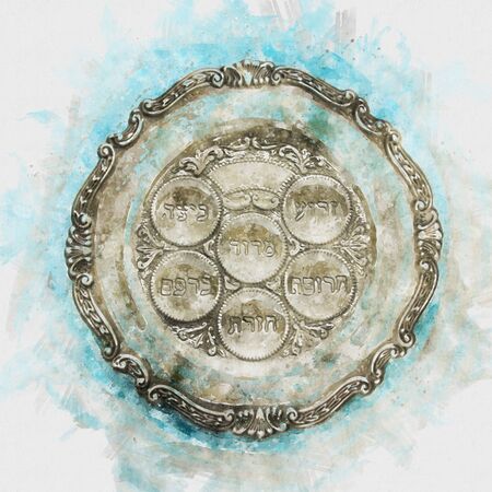 Pesah celebration concept (jewish Passover holiday). Traditional pesah plate text in hebrew: Passover, horseradish, celery, egg, bone, maror, charosetの写真素材