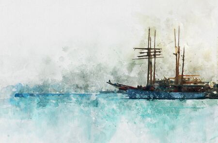 watercolor style and abstract image of nautical concept with old boatの写真素材