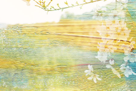 dreamy and abstract image of cherry tree. double exposure effect with watercolor brush stroke textureの写真素材