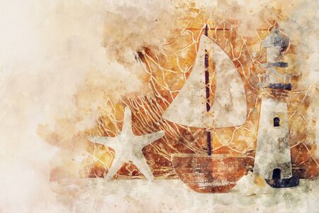 watercolor style and abstract image of nautical concept with old boatの写真素材