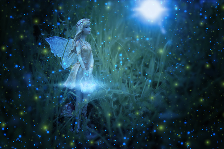 image of magical little fairy in the night forestの写真素材