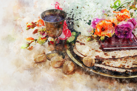 watercolor style and abstract image of Pesah celebration concept (jewish Passover holiday)の写真素材