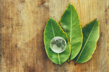 Green glass globe and green leafs over wooden tableの写真素材