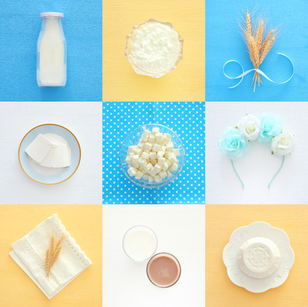 Top view collage image of dairy products. Symbols of jewish holiday - Shavuotの写真素材