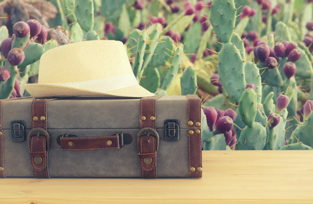 traveler vintage luggage and fedora hat over wooden table. holiday and vacation conceptの写真素材
