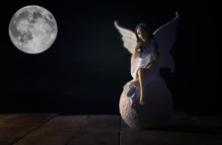 image of magical little fairy sitting over the stoneの写真素材