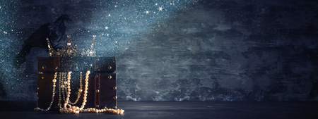 low key image of beautiful queen/king crown and black crow. fantasy medieval period. Selective focusの写真素材