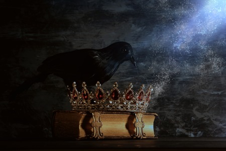 low key image of beautiful queen/king crown and black crow. fantasy medieval period. Selective focusの写真素材