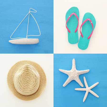 nautical collage with sea life style objects over blue and white wooden backgroundの写真素材