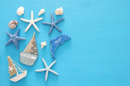 nautical, vacation and travel banner with sea life style objects. Top viewの写真素材