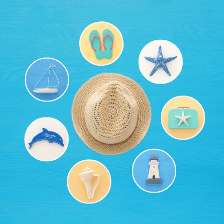 nautical collage with sea life style objects over blue wooden backgroundの写真素材