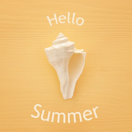 vacation and summer image with seashells over yellow wooden backgroundの写真素材