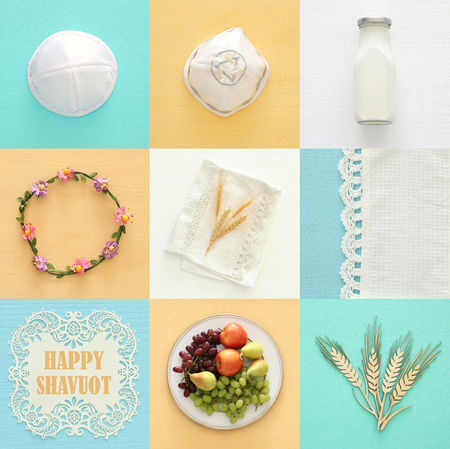 Top view collage image of dairy products and fruits. Symbols of jewish holiday - Shavuotの写真素材