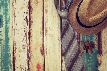 Top view Image of tie and male fedora hat. Father's day conceptの写真素材