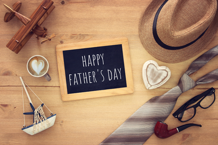 Top view Image of tie and male fedora hat. Father's day conceptの写真素材