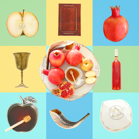 Rosh hashanah (jewish New Year holiday) collage concept. Traditional symbolsの写真素材