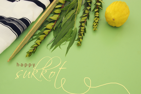 Jewish festival of Sukkot. Traditional symbols (The four species): Etrog, lulav, hadas, aravaの写真素材
