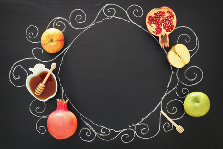 Rosh hashanah (jewish New Year holiday) concept. Traditional symbolsの写真素材