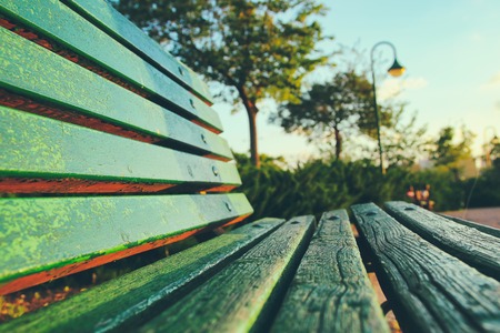 close up of green wooden bench in urban park during sunset timeの写真素材