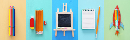 Back to school collage concept. school objects and supply with classroom blackboardの写真素材
