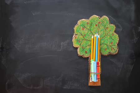 Back to school concept. Top view image tree of knowledge and pencils over classroom blackboard background.の写真素材