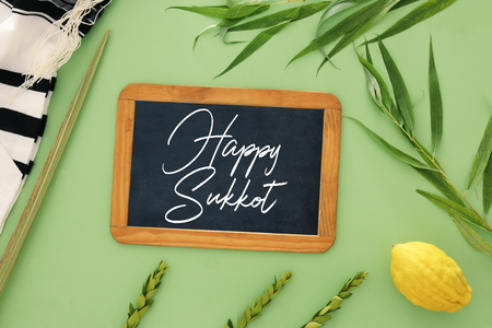 Jewish festival of Sukkot. Traditional symbols (The four species): Etrog, lulav, hadas, aravaの写真素材