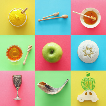 Rosh hashanah (jewish New Year holiday) collage concept. Traditional symbolsの写真素材