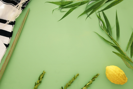 Jewish festival of Sukkot. Traditional symbols (The four species): Etrog, lulav, hadas, arava
