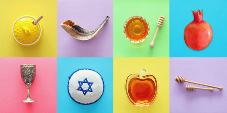 Rosh hashanah (jewish New Year holiday) collage concept. Traditional symbolsの写真素材