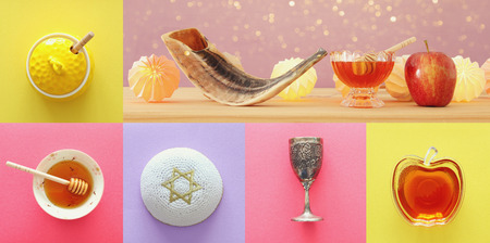 Rosh hashanah (jewish New Year holiday) collage concept. Traditional symbolsの写真素材