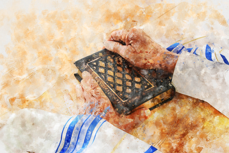 watercolor style and abstract image of Old Jewish man hands holding a Prayer book. Jewish traditional symbolsの写真素材